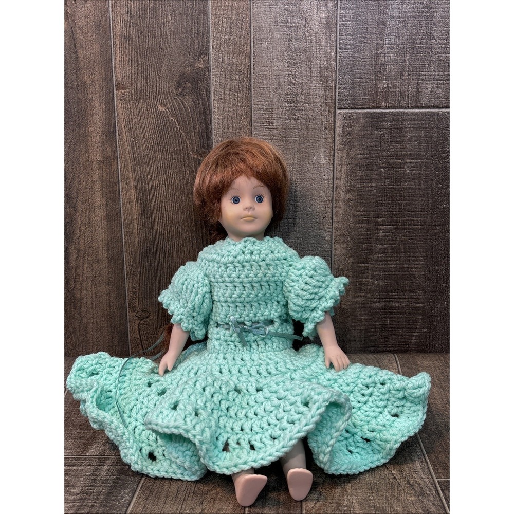 Vintage Porcelain Doll with Handmade Crochet Dress Light Blue Collectible‎